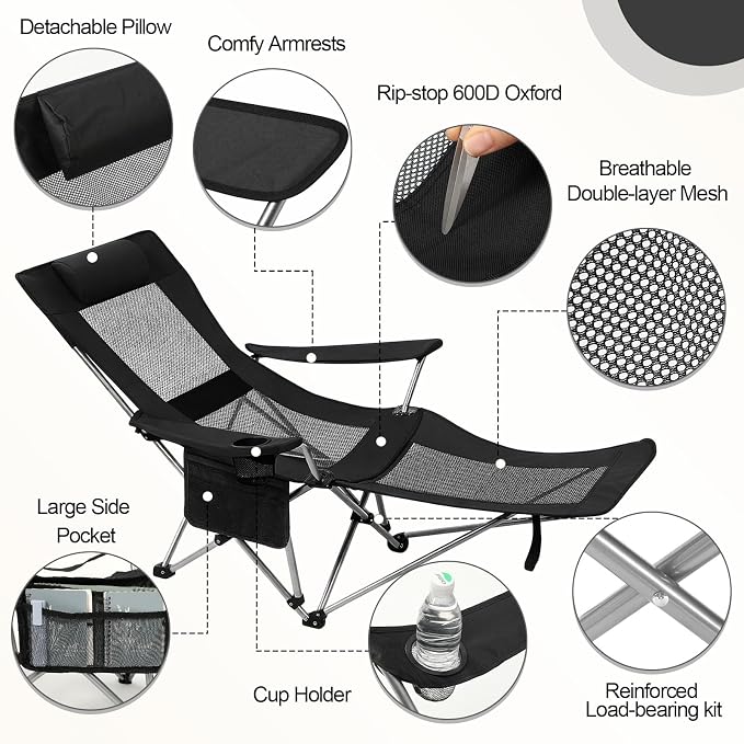 Colingmill 2 Pcs 2 in 1 Reclining Camping Chair with Footrest for Adults Folding Lounger Mesh Beach Chair Adjustable Backrest Lightweight Lawn Chairs for Camping Tailgates Outdoor Beach(Black)