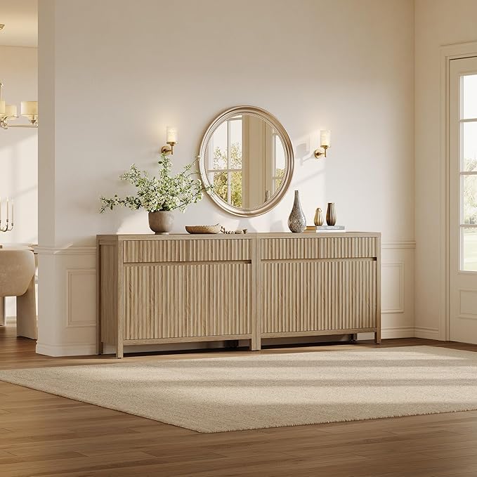 SICOTAS Fluted Sideboard Buffet Cabinet with Storage – Extra Large Credenza Accent Cabinet with 2 Drawers and 3 Doors, 84" Modern Entryway Cabinet Console with Adjustable Shelves for Living Room