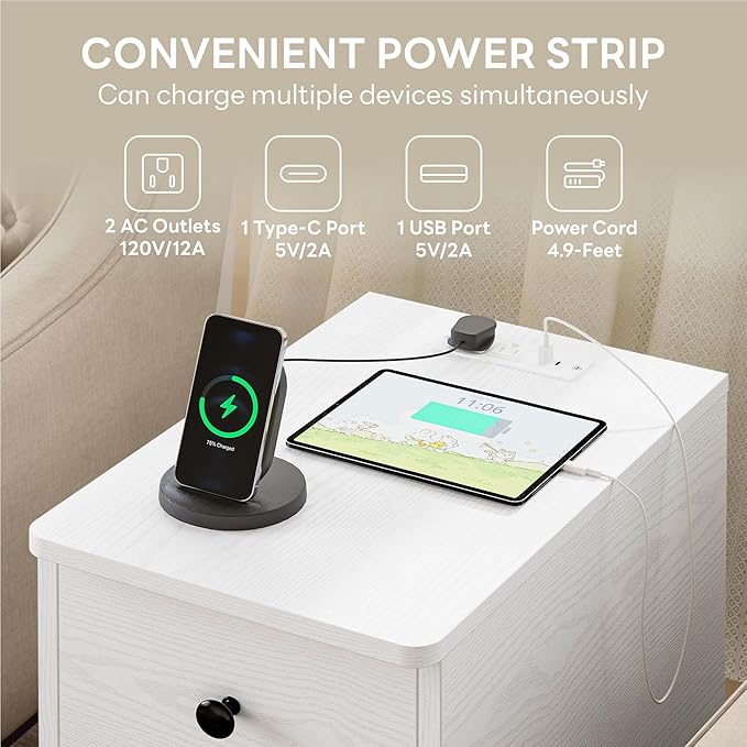 LIKIMIO Nightstand with Charging Station, Narrow Bedside Table with 3 Drawers, End Table with USB Ports and Outlets, Side Table for Living Room/Bedroom Modern