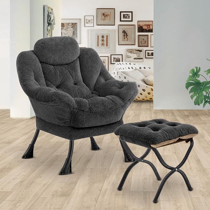 Lazy Chair with Folding Ottoman,Leisure Sofa Chair,Soft Fabric Armchair with Armrests and Side Pockets, Reading Chair with Footrest for Living Room, Bedroom, Office (Plush Dark Grey)