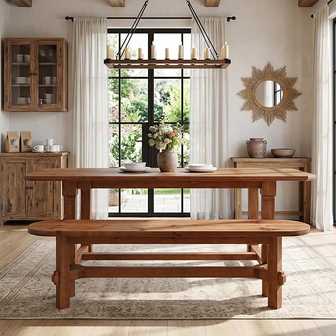 Solid Wood Dining Bench, 55" Wooden Entryway Bench with Thick Block Seat, Farmhouse Rustic Indoor Bench for Dining Table, End of Bed, Hallway, Bedroom, Living Room
