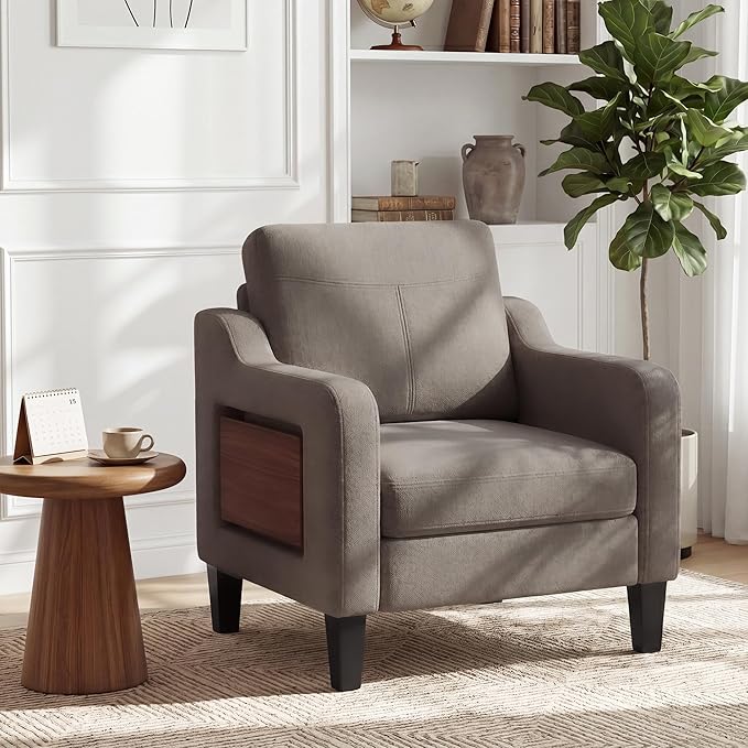 Accent Chair for Living Room, Mid-Century Upholstered Armchair with Foldable Table & 2 Side Pockets, Modern Linen Wooden Sofa Chair for Bedroom & Reading Room, Brown