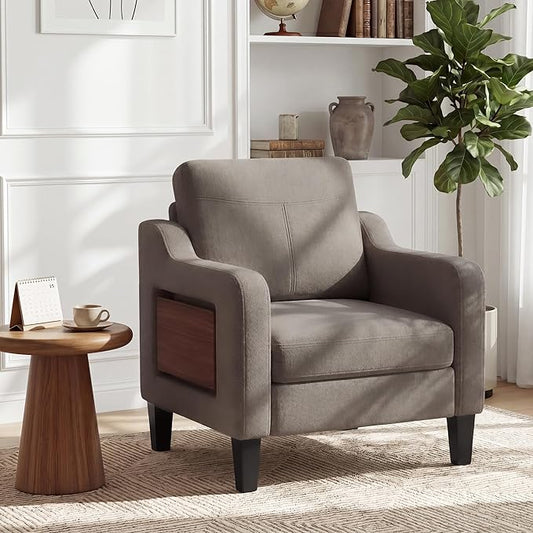 Accent Chair for Living Room, Mid-Century Upholstered Armchair with Foldable Table & 2 Side Pockets, Modern Linen Wooden Sofa Chair for Bedroom & Reading Room, Brown