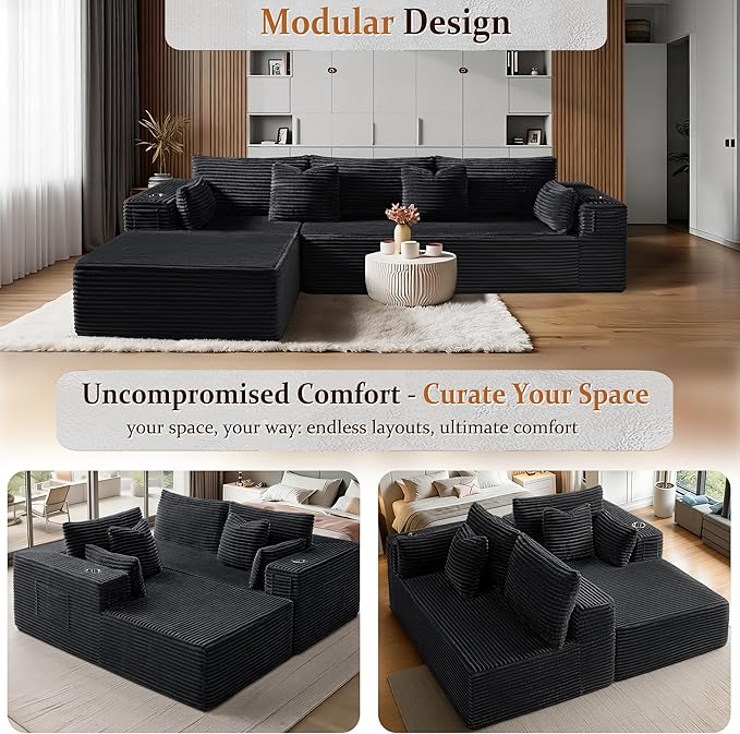 108" Oversized Cloud Sectional Couch, Comfort U Shaped Sofa for Living Room, Extra Deep Seats No Assembly, Minimalist Modular Couch, Corduroy (Black, 2 Seater+Left Facing Chaise)