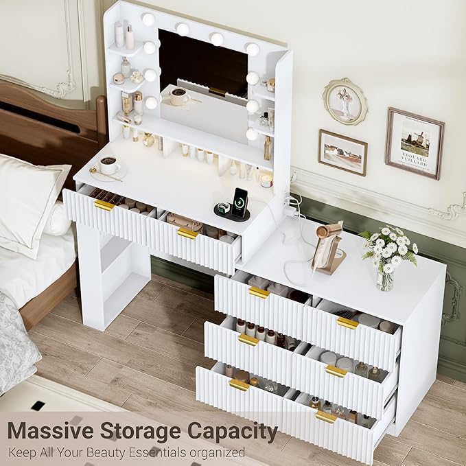 Vanity Desk with Mirror and Lights, Fluted Makeup Vanity with 8 Drawers, Storage Shelves, RGB Light and Power Outlet, Bedroom Dessing Table for Women, Girls, White,56.7"