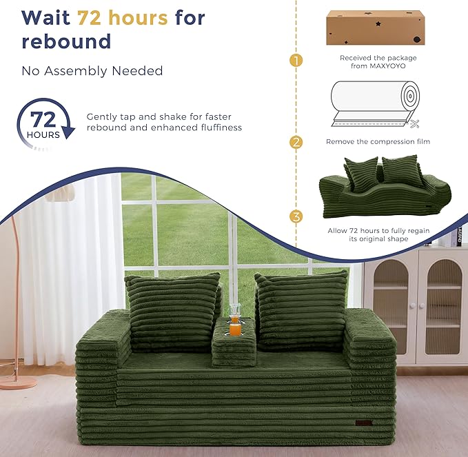 MAXYOYO Loveseat Sofa Bed, Striped Faux Fur Foldable Floor Sofa Couch in A Box, 4 in 1 Convertible Boneless Couch with 2 Cup Holders, Folding Recliner Sleeper Chair, No Assembly Required, Pine Green