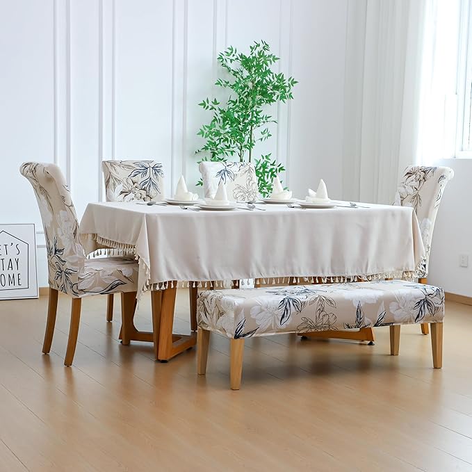 FORCHEER 4 Chair and Bench Covers for Dining Chairs Waterproof Floral Dining Room 4 Piece Kitchen Chair Slipcovers with Bench Seat Cover Set Washable (Waterproof Elegent-Flowers)