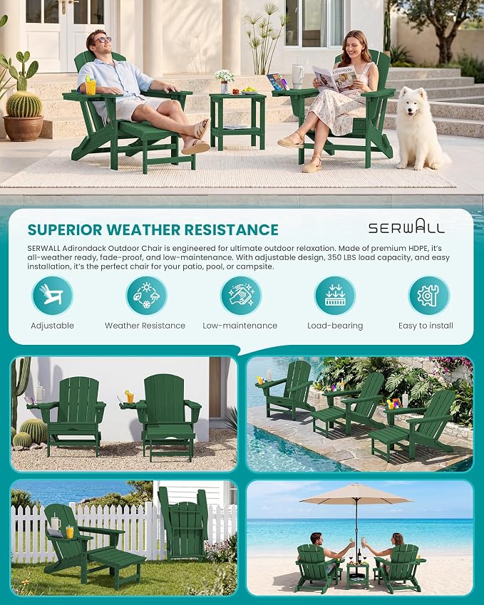 SERWALL Folding Adjustable Adirondack Chair with Footrest, HDPE Outdoor Chair with 4-in-1 Cup Holders, All Weather Adirondack Chair with Ottoman, Green