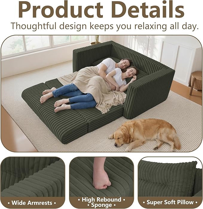 HABUTWAY 41.3" Loveseat Boneless Couch, 4-in-1 Convertible Sofa Bed, Plush Fur Folding Futon Sofa Bed Couches with a Pillow for Living Room, High-Density Foam Support, No Assembly Required, Green