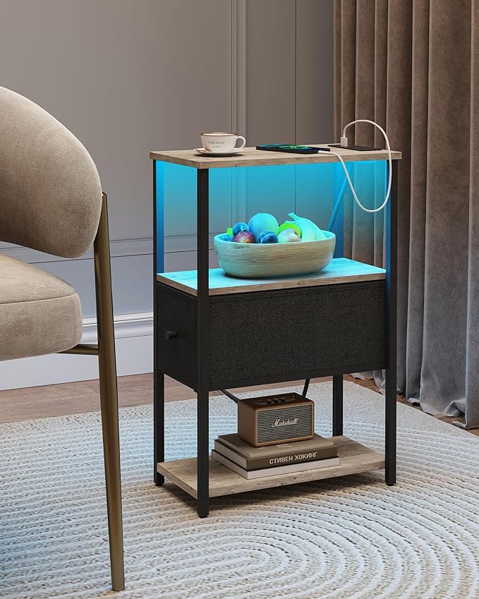 TUTOTAK Small Narrow LED End Table with Charging Station, Side Table Outlets, Nightstand with Cloth Drawer, Set of 2, Couch Table, for Living Room, Bedroom, Bedside, Greige TB01BG059