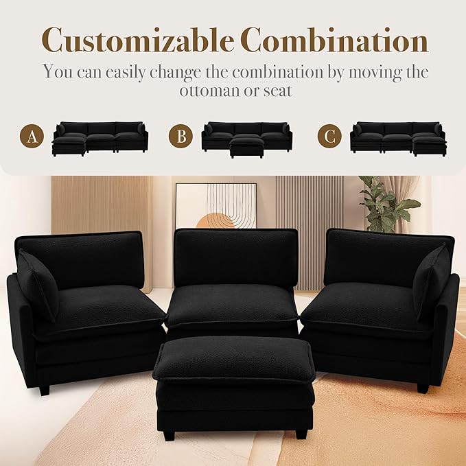 ROWHY 112'' Modular Sectional Cloud Couch with Movable Ottoman, 4 Seat Modern Chenille Sofa with 2 Throw Pillows, Deep Seat L Shaped Couch for Living Room Bedroom Apartment, Black | Arrange Freedom