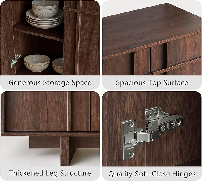 Sideboard Buffet Cabinet with Storage, Mid Century Modern Accent Cabinet with Skeleton Line & Wood Grain Texture,Minimalist Geometric Credenza for Living Room, Kitchen and Entryway, Cherry