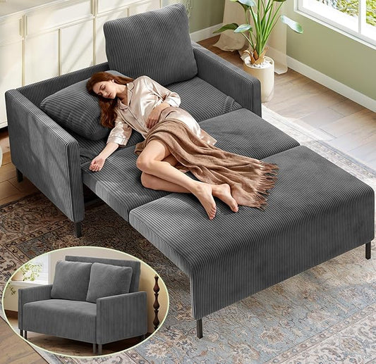 Welzona 47.2" Convertible Sofa Bed Couch, Comfy Corduroy Loveseat Sleeper Sofa, 620lbs Capacity Couch Bed, Easy Setup Love Seat Sleeper Bed 2 Pillow, Small Couches for Living Room/Office, Classic Grey