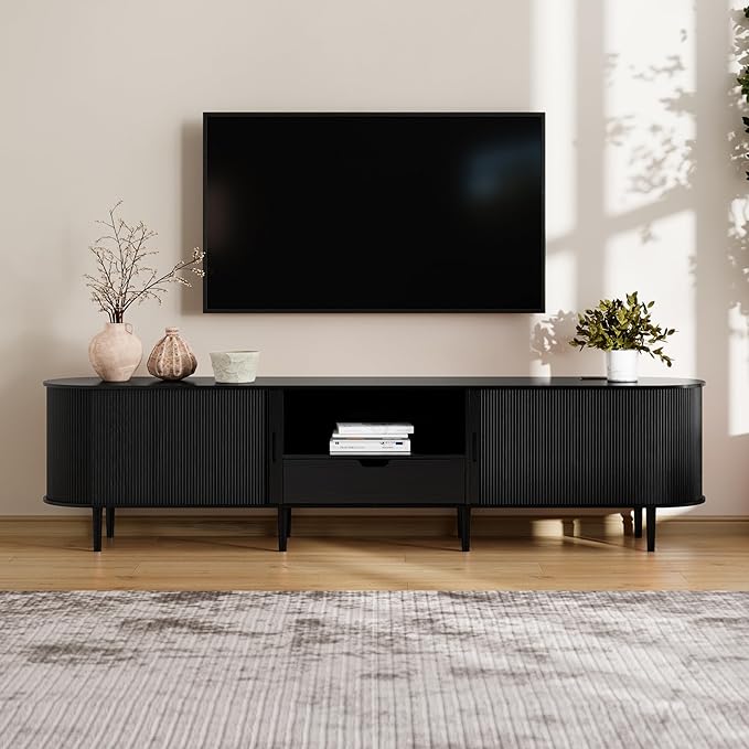 DHH 86.6" Fluted TV Stand with Power Outlet for TVs up to 90", TV Console with Adjustable Shelves and Sliding Door,Mid Century Modern Entertainment Center for Living Room,Bedroom (Black, 86.6Inch)