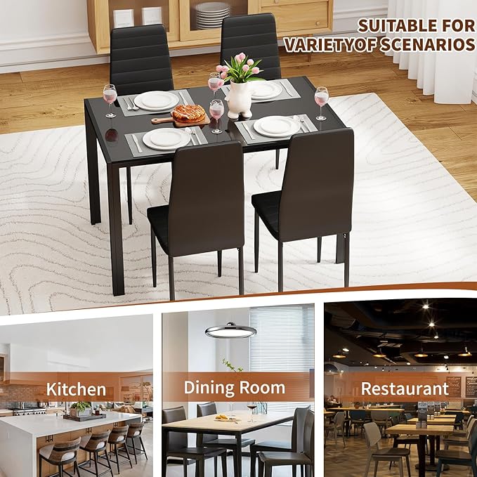 FDW | Dining Table Set for 4 | 5-Piece Glass Black Dining Table | Kitchen Table with 4 Upholstered Chairs and Faux Leather Cushions | Space-Saving and Modern Design | for Dining Room, Easy to Assemble