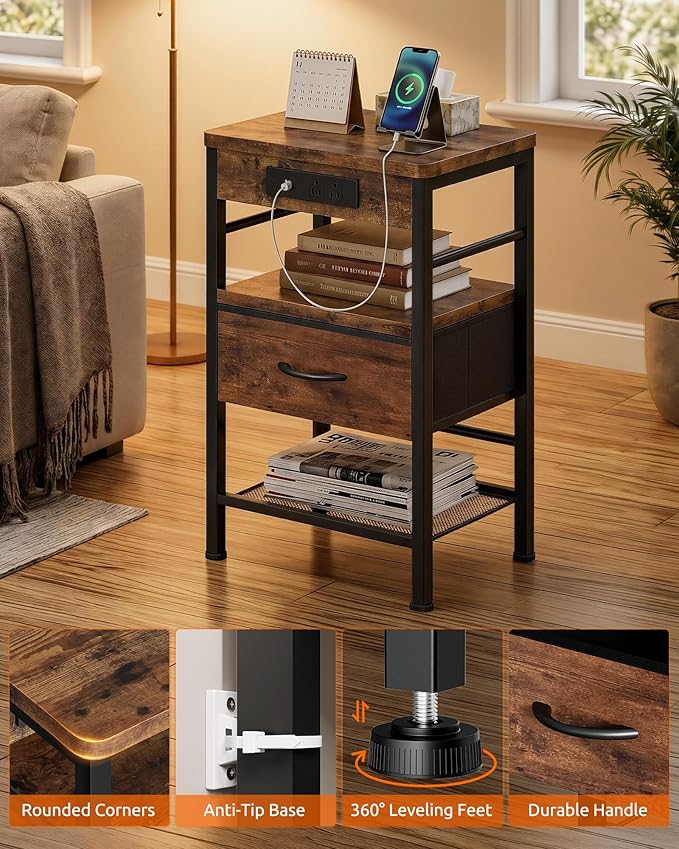 Lazzanto Nightstands Set of 2 with Charging Station, Bedside Tables with Open Shelf & Hooks, End Tables with USB-C USB-A Ports AC Outlets, Night Stand for Bedroom with Fabric Drawer, Rustic Brown