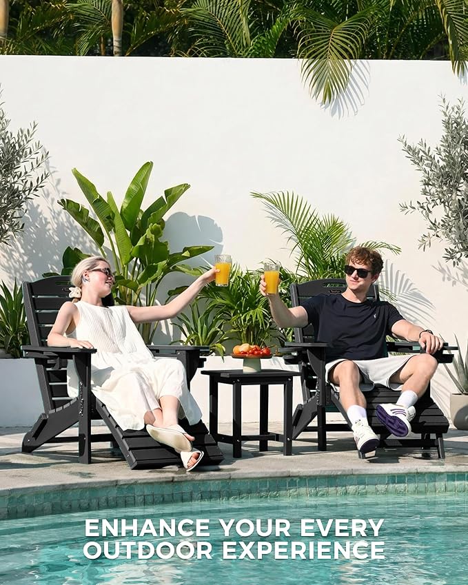 Adjustable Adirondack Chairs Set of 2 with Retractable Ottoman, HDPE Folding Adirondack Chair with Cup Holders, Weather Resistant for Backyard, Poolside & Fire Pit (Black)