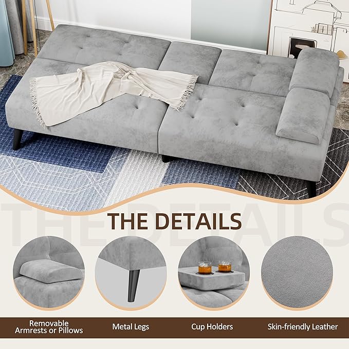 Shintenchi Futon Sofa Bed, Velvet Foldable Couch, Reclining Sleeper with Removable Armrests, Upholstered Loveseat Sofa Couch with Folding Cup Holders for Home, Office, Light Gray