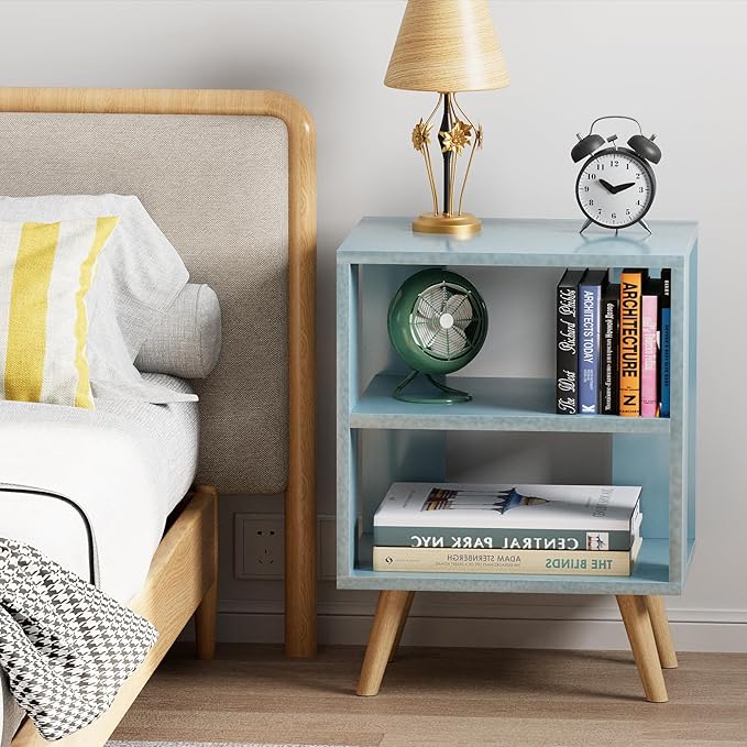 Aenuert Night Stand, Blue Kids Nightstand, Modern End Table with Open Storage, 2-Tier Nursery Bedside Table for Small Space, Living Room, Bedroom