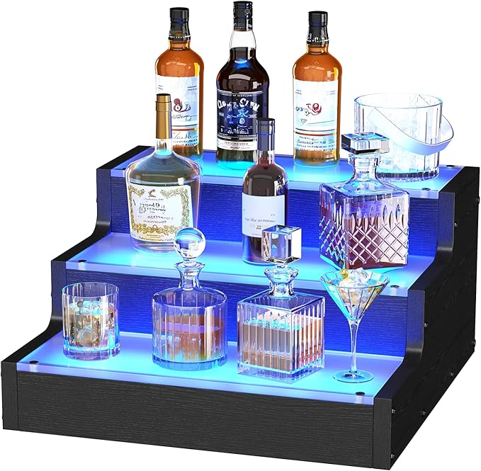 LED Lighted Wine Bottle Display Shelf, 3-Tier Acrylic Liquor Bottle Stand with APP Controlled Multicolor Lighting, Countertop Bar Organizer for Home Mini Bar Party Decor (3 Step 1 Pack)