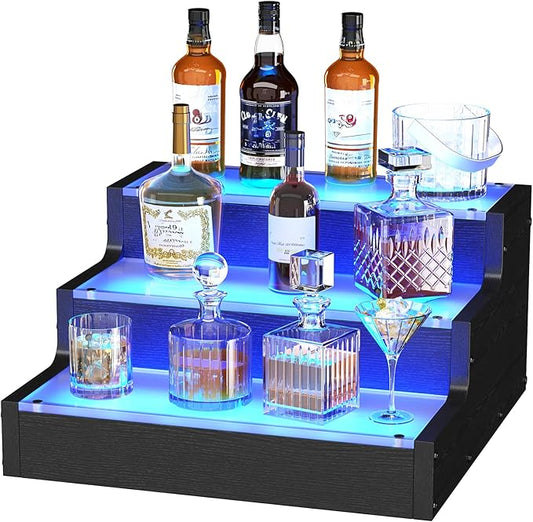 LED Lighted Wine Bottle Display Shelf, 3-Tier Acrylic Liquor Bottle Stand with APP Controlled Multicolor Lighting, Countertop Bar Organizer for Home Mini Bar Party Decor (3 Step 1 Pack)