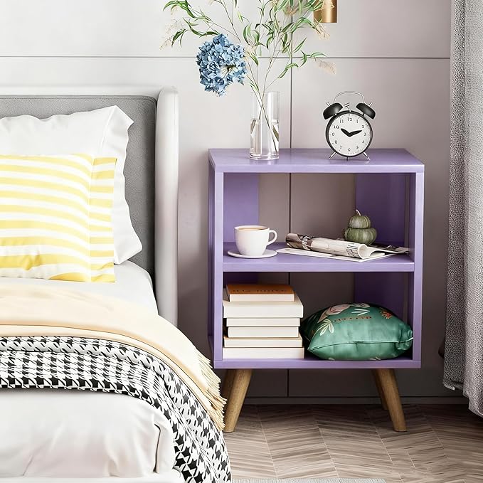 Aenuert Night Stand, Purple Nightstand, Modern End Table with Open Storage, 2-Tier Wooden Bedside Table for Small Space, Living Room, Bedroom