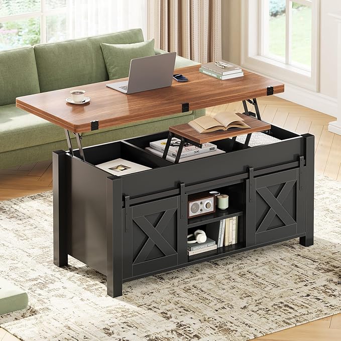 SEDETA Lift Top Coffee Table, 4 in 1 Multi-Function Convertible Coffee Tables with Storage and Hidden Compartment, Farmhouse Coffee Table Converts to Dining Table for Living Room, Black Brown