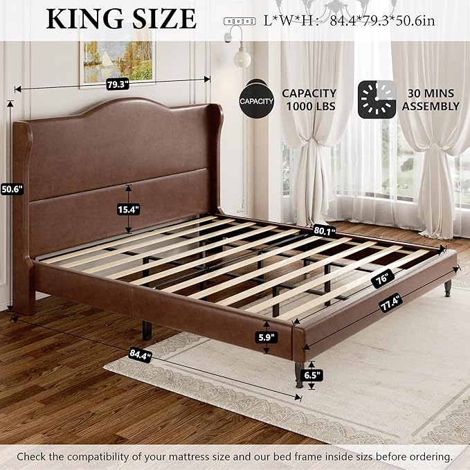 King Upholstered Bed Frame with Tall Headboard, Leather Platform Bed with Wingback Sides, Wood Slats Support, Noise-Free Design, No Box Spring Required, Easy Assembly, Dark Brown