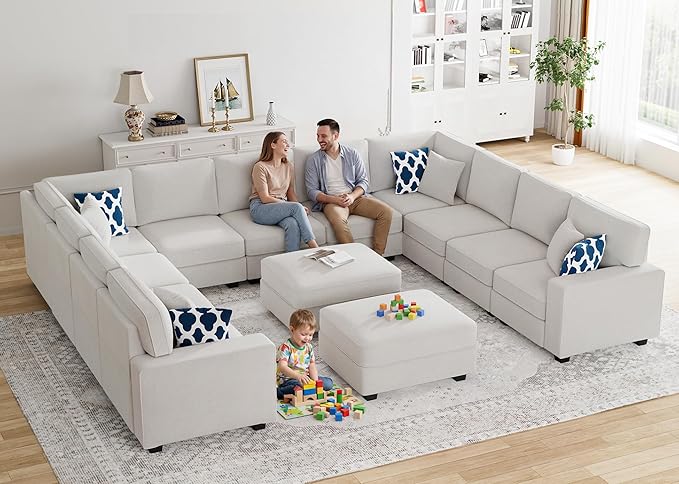 Legend Vansen Oversized Modular Sectional Sofa,U/L‑Shaped Reversible Couch with Ottoman,Deep Seat Plush Polyester Sectional for Living Room,13-Seater,Cream