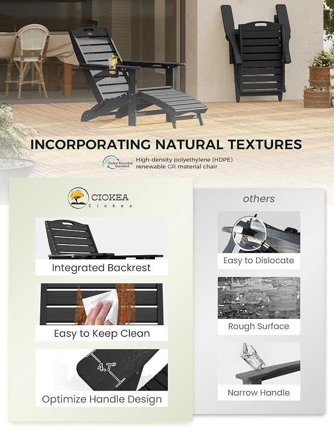 Ciokea Folding Adirondack Chair with Retractable Ottoman Fire Pit Patio Chair with Pull Out Foot Rest Weather Resistant Lawn Outdoor Lounge Chair with 2 Cup Holder (Black)