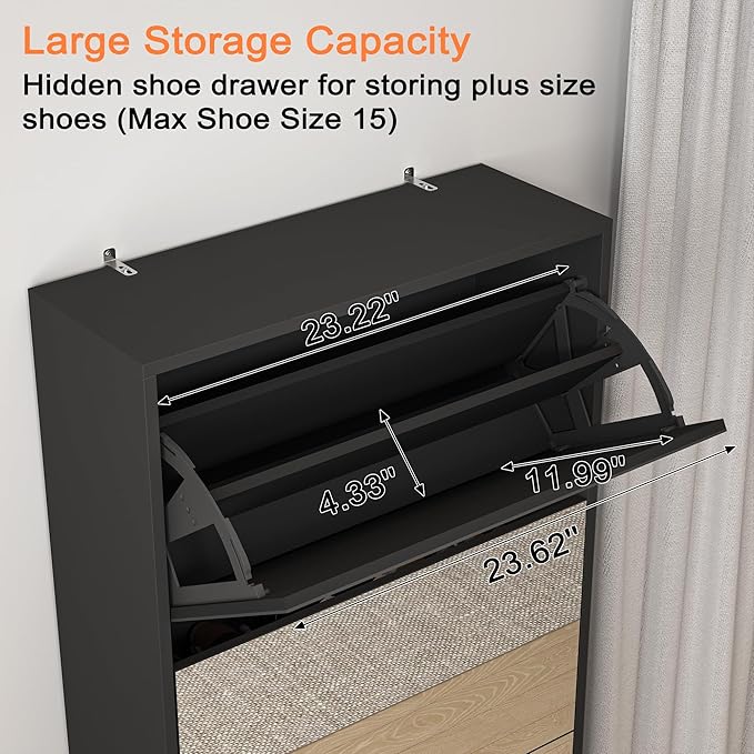 Shoe Storage Cabinet with Full Length Mirror, 30 Pairs & 5 Flip Drawer, Free Standing Shoe Rack Cabinet, Narrow Shoes Organizer for Front Door, Entryway (2-Shelf of Drawers, Black)