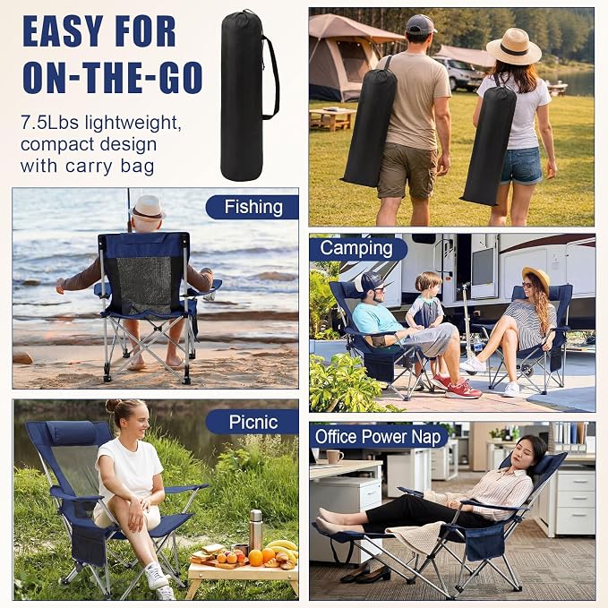 Colingmill 2 Pcs 2 in 1 Reclining Camping Chair with Footrest for Adults Folding Lounger Mesh Beach Chair Adjustable Backrest Lightweight Lawn Chairs for Camping Tailgates Outdoor Beach(Navy Blue)