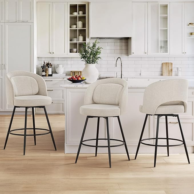 LUE BONA 26''H Swivel Bar Stools Set of 3, Counter Height Bar Stools with Backs, Lumbar Pillow and Black Metal Frames, Upholstered Modern Barstools for Kitchen Island, Linen Farbic, Linen Color