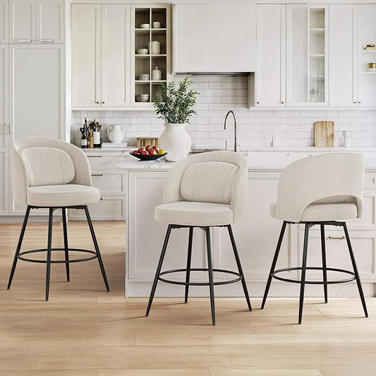 LUE BONA 26''H Swivel Bar Stools Set of 3, Counter Height Bar Stools with Backs, Lumbar Pillow and Black Metal Frames, Upholstered Modern Barstools for Kitchen Island, Linen Farbic, Linen Color
