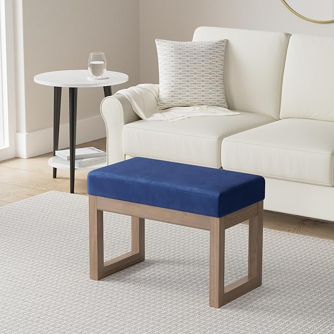 SIMPLIHOME Milltown Small Ottoman Bench - 27" Wide x 18" High Upholstered Velvet Fabric Rectangle Footstool Ottoman in Blue, Contemporary Bench for Bedroom with Cushioned Seat, Assembled