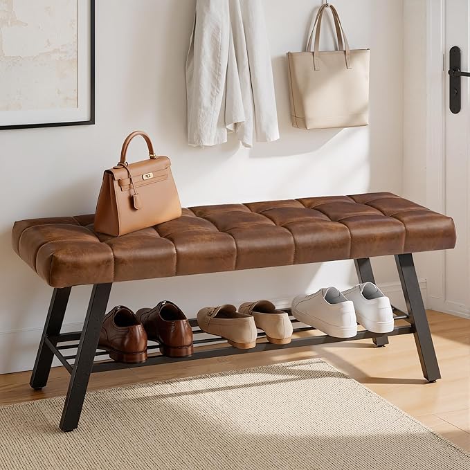 LUE BONA 45" Entryway Bench with Shoe Storage, End of Bed Bench with Tufted Faux Leather Seat, Bedroom Bench with Metal Frame, 330 LBS Capacity for Entryway, Living Room, Hallway, Brown