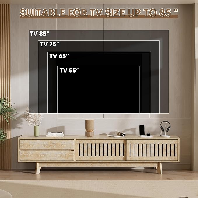 TV Stand for up to 85 Inch TVs, 78.7" Entertainment Center with Storage & Power Outlet, Mid Century Modern Media Console w Drawers and Sliding Door, Television Stands for Living Room, Natural