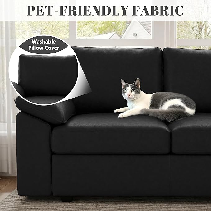 108 Inch Faux Leather Modular Sectional Sofa with Pull Out Bed,U Shaped 7 Seat Sectional Sleeper Sofa with Storage,Sectional Couches for Living Room,Cloud Modular Couch,Black Leather