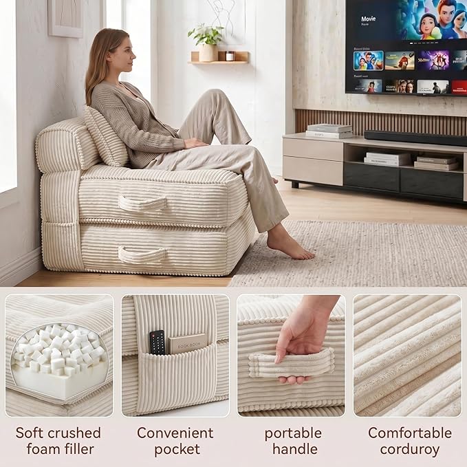 Folding Sofa Bed, Convertible Sleeper Chair with Pillow Foldable Mattress with Back Support, Portable Fold Out Chair Bed Comfy Floor Couch Lounge for Living Room Bedroom Apartment Single