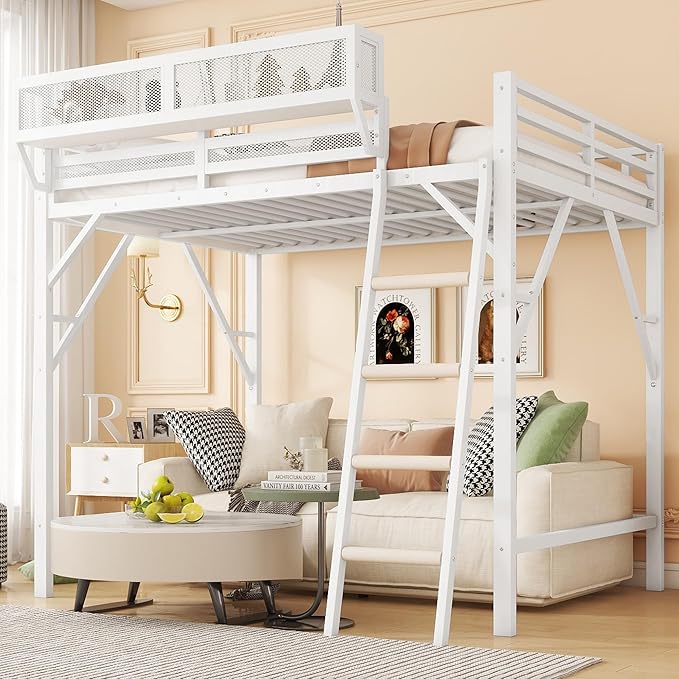 KEIKI Queen Size Metal Loft Bed Frame with Ladder and Built-in Storage Shelves, for Teens, Modern Style Loft Bed with Solid Slats, Guardrail, No Box Spring Required, Easy Assembly, for Bedroom, White