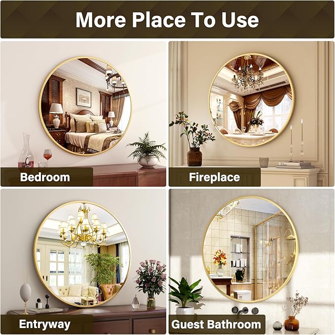 XRAMFY 24 Inch Round Mirror - Circle Mirrors for Bathroom, Entryway and Living Room Wall Decor, Modern Hanging Vanity Mirror, Matte Gold Circle Decorative Wall Mirror