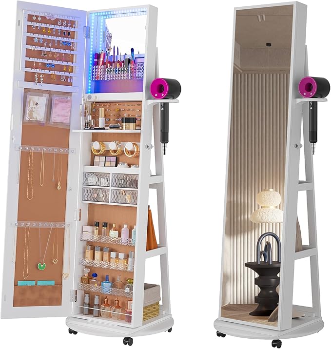 HNEBC 360° Swivel Jewelry Armoire with Mirror, LED Mirror Jewelry Cabinet Standing, Full Length Mirror with Jewelry Storage, Standing Jewelry Organizer/Lockable Wheels/Foldable Makeup Shelf (C-White)