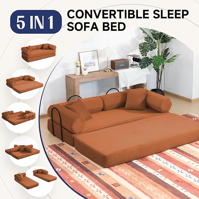 79" Boneless Couches for Living Room, Corduroy Sofa Bed with 2 Pillows,Side Pockets,Hex Arm, 5-in-1 Loveseat Sleeper Sofa for Small Spaces, High-Density Foam Couch, No Assembly, Orange