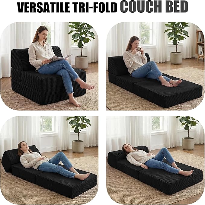 Kasunpul Folding Sofa Bed with Pillow, Memory Foam Fold Out Chair Bed, Convertible Sleeper Chair with Washable Cover, Futon Floor Couch for Living Room/Dorm/Guest Use/Home Office/Apartment, Black