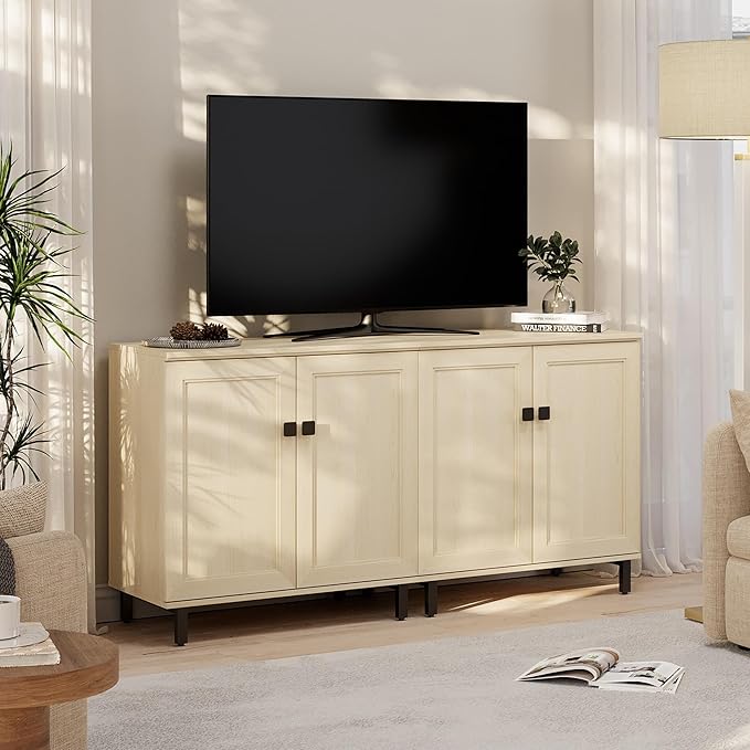 FENSULN Buffet Sideboard Cabinet Farmhouse Modern 2 in 1 Storage Cabinet with Adjustable Shelves for Kitchen, Coffee Bar, Living Room, Beige
