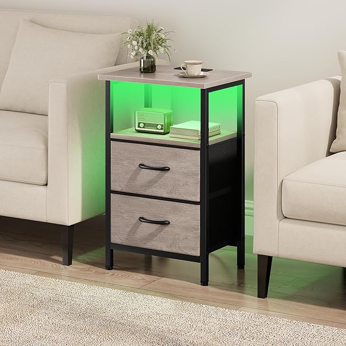 Vagusicc Nightstand with Charging Station, LED Night Stand with 2 Fabric Drawers, Bedside Table with Storage Shelf, 24.2" Tall Bed Side Table with USB Ports and Outlets for Bedroom, Greige