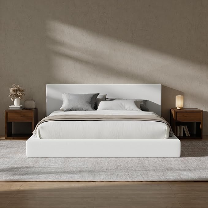 RECCI AirFrame King Size Bed Frame with Headboard, Cloud Upholstered Platform Bed Frame, 5 Inch Foam Cushioned, No Box Spring, Easy Assembly(Snow White)