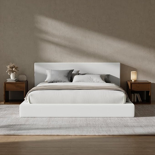 RECCI AirFrame King Size Bed Frame with Headboard, Cloud Upholstered Platform Bed Frame, 5 Inch Foam Cushioned, No Box Spring, Easy Assembly(Snow White)