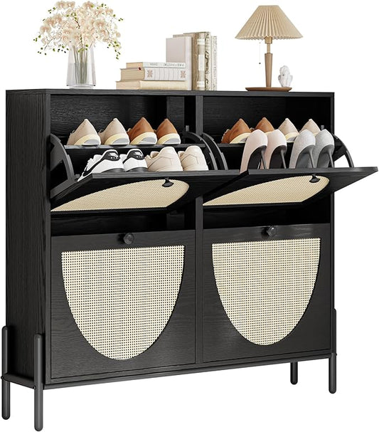 IRONCK Rattan Shoe Cabinet Storage with 4 Flip Drawers, Freestanding Shoe Storage Organizer Cabinet for Entryway, Narrow Shoe Rack Cabinet, Matte Black