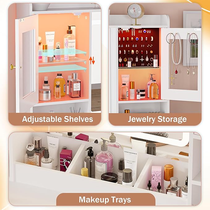 LAKEMID White Makeup Vanity Desk with Mirror and Lights,Make Up Vanity Table with Lighted Mirror 7 Drawers, Modern Vanity with Power Outlet RGB Cabinets,Dressing Table for Bedroom Women Girls